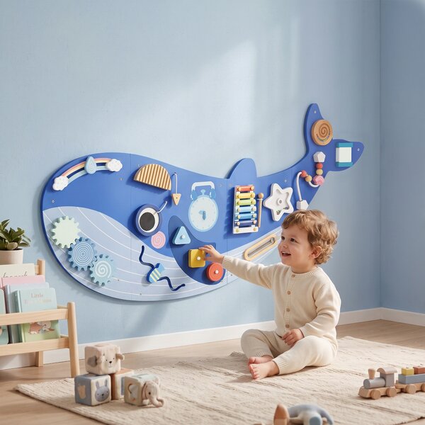 AIYAPLAY Montessori Busy Board in Legno per Bambini da 2 Anni, da Parete, a Tema Balena, Blu | Aosom Italy
