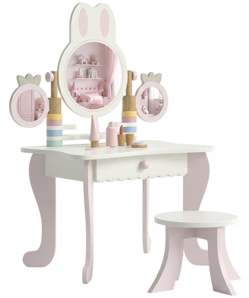 AIYAPLAY Toeletta Bambini con Sgabello, 3 Specchi e 5 Accessori, Postazione Trucco Bambina con Cassetto, 3+ Anni, Rosa | Aosom Italy