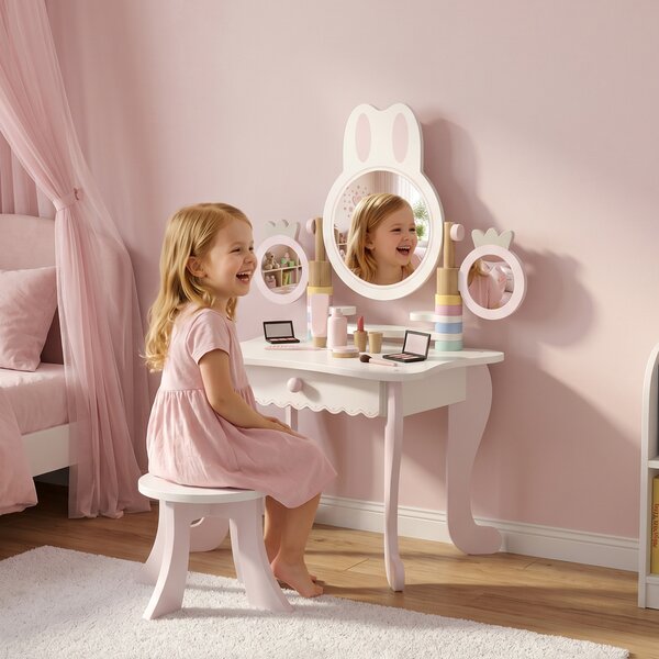 AIYAPLAY Toeletta Bambini con Sgabello, 3 Specchi e 5 Accessori, Postazione Trucco Bambina con Cassetto, 3+ Anni, Rosa | Aosom Italy