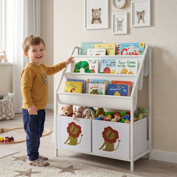 AIYAPLAY Libreria Montessori 3-8 anni con 4 ripiani, 2 contenitori e stampa leone, bianco | Aosom Italy