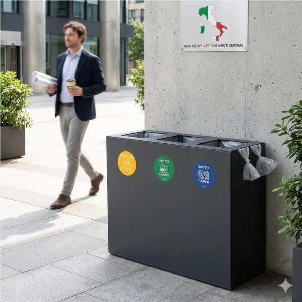 Pattumiera, Mobiletto per raccolta differenziata in acciaio 3 scomparti da 180L Dimensioni 30x90xh 80 cm 3 scomparti da 240 litri totali, 4 etichette colore Antracite