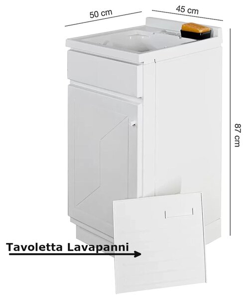 Lavatoio piccolo con mobile in Plastica Dotato di Vasca e Tavoletta Lavapanni Dimensioni 45x50xh 83 cm con tubo rubinetto, flessibile e Gomito colore bianco