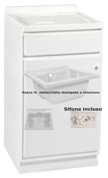 Lavatoio piccolo con mobile in Plastica Dotato di Vasca e Tavoletta Lavapanni Dimensioni 45x50xh 83 cm con tubo rubinetto, flessibile e Gomito colore bianco