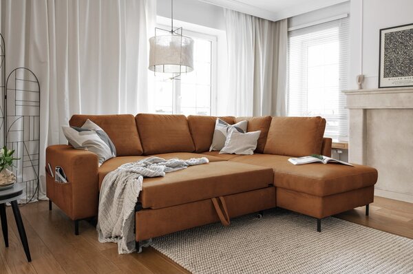 Divano letto in velluto a coste arancio-marrone (angolo destro) Lofty Lilly - Miuform