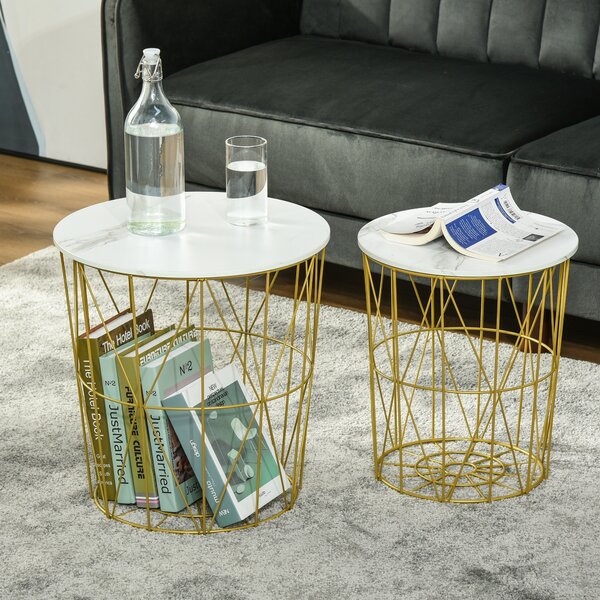 HOMCOM Set 2 Tavolini da Caffè in Acciaio e MDF Moderni con Piano d'Appoggio Rimuovibile, Tavolini Contenitori, Φ44x45.5cm/Φ35x41cm Bianco Oro | Aosom