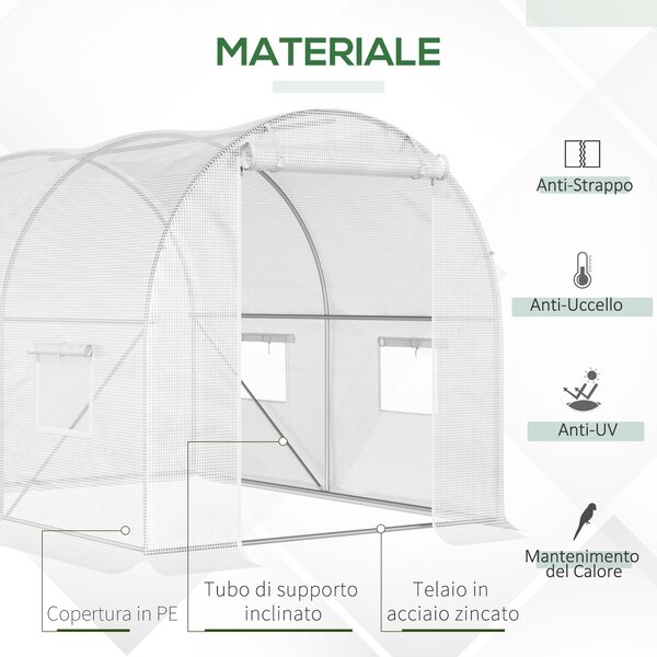 Outsunny Serra a Tunnel con 4 Finestrelle e Ingresso a Zip in Acciaio Zincato e PE, 3x2x1.9 m, Bianco