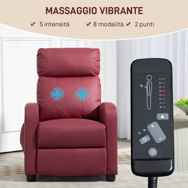 HOMCOM Poltrona Relax Massaggiante spessa imbottitura con Telecomando e 8 Programmi, Reclinazione fino a 150° con poggiapiedi，Rosso| Aosom Italy