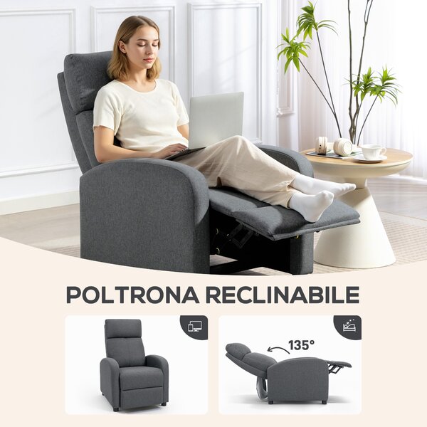 HOMCOM Poltrona Relax Imbottita e Reclinabile a 135° e Poggiapiedi in Tessuto, 69x87x100.5 cm, Grigio | Aosom Italy