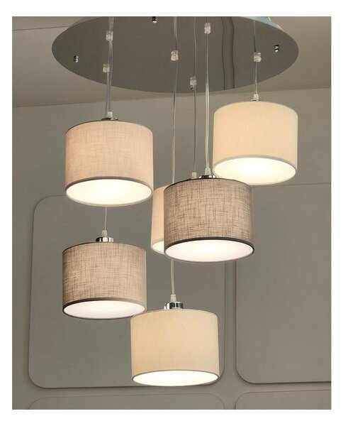 CILINDRO SOSPENSIONE 6 LUCI IN METALLO D60 CM CON PARALUMI IN TESSUTO DI LINO 3 COLORI LAMPADINE ATTACCO E27
