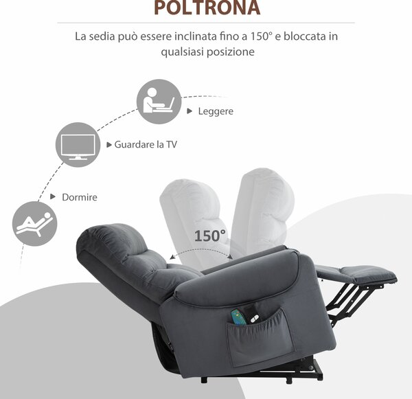 HOMCOM Poltrona Reclinabile Massaggiante con Telecomando, in Poliestere e Metallo, 79x97x103 cm, Grigio