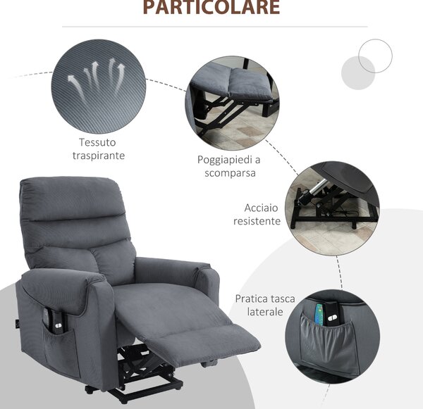 HOMCOM Poltrona Reclinabile Massaggiante con Telecomando, in Poliestere e Metallo, 79x97x103 cm, Grigio
