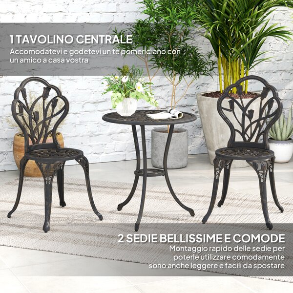 Outsunny Set da Esterno 3 Pezzi con 2 Sedie da Giardino e Tavolo Rotondo con Foro per Ombrellone, Bronzo | Aosom Italy