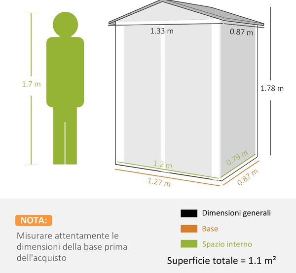 Outsunny Casetta da Giardino in Acciaio 1.1m² con Doppie Porte Bloccabili, 133x87x178 cm, Grigio Argento | Aosom Italy