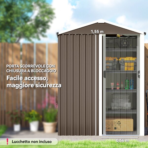 Outsunny Casetta da Giardino con Porta Scorrevole Bloccabile, Capanno in Acciaio 1.1m², 136x87x179 cm, Marrone | Aosom Italy