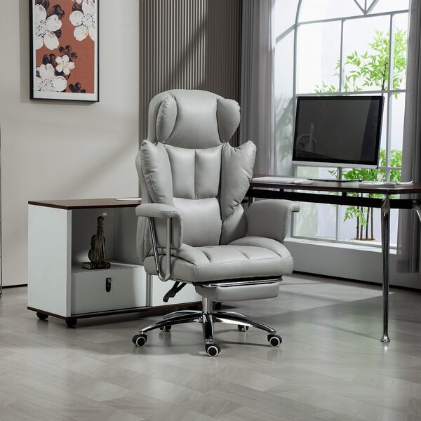 HOMCOM Sedia da ufficio ergonomica, imbottita, con poggiapiedi, schienale regolabile, 360° girevole, Grigio Chiaro