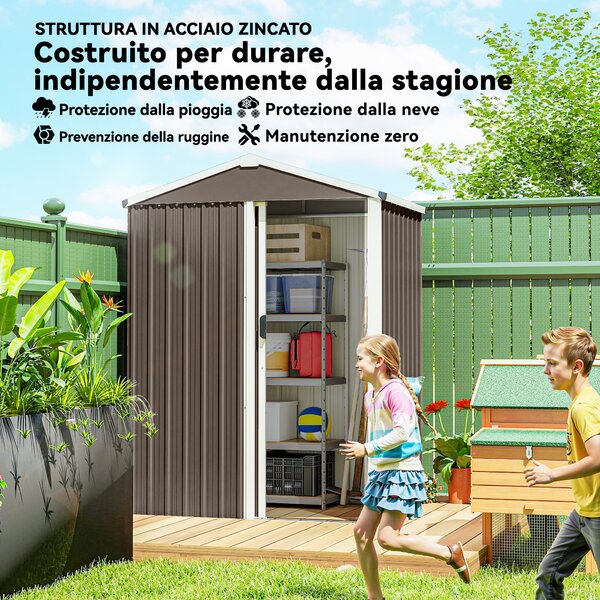 Outsunny Casetta da Giardino con Porta Scorrevole Bloccabile, Capanno in Acciaio 1.1m², 136x87x179 cm, Marrone | Aosom Italy
