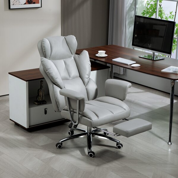 HOMCOM Sedia da ufficio ergonomica, imbottita, con poggiapiedi, schienale regolabile, 360° girevole, Grigio Chiaro