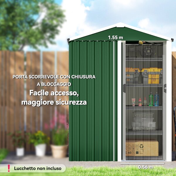 Outsunny Casetta da Giardino in Acciaio 1.1m² con Porta Scorrevole Bloccabile, 136x87x179 cm, Verde | Aosom Italy