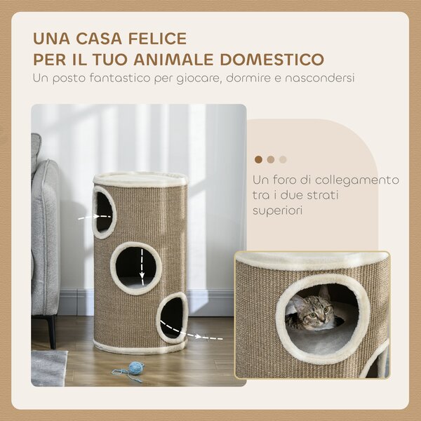 PawHut Cuccia per Gatti a 3 Livelli con Tiragraffi in Sisal e Peluche, Ø38x70cm, Marrone | Aosom Italy