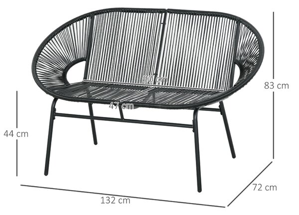 Outsunny Divano da Giardino 2 Posti in Rattan PE e Acciaio con Cuscini e Braccioli, 132x72x83 cm, Nero | Aosom Italy