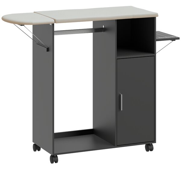 HOMCOM Mobile Asse da Stiro con Piano d'Appoggio Effetto Lino, 3 Ripiani a Cubo e Guida, 127x42.5x99 cm, Nero | Aosom Italy