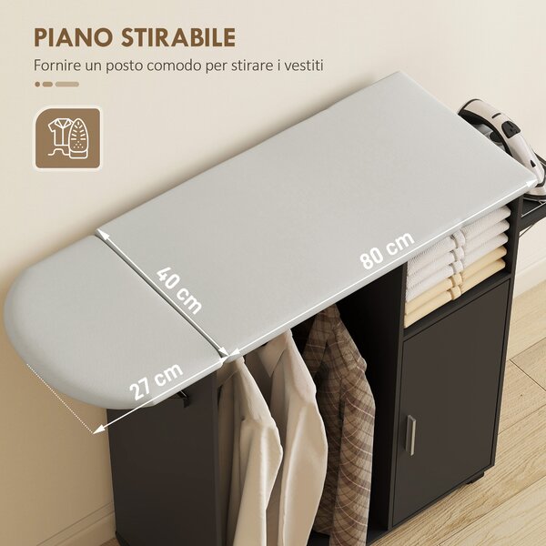 HOMCOM Mobile Asse da Stiro con Piano d'Appoggio Effetto Lino, 3 Ripiani a Cubo e Guida, 127x42.5x99 cm, Nero | Aosom Italy