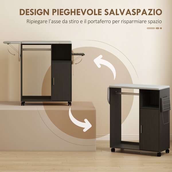 HOMCOM Mobile Asse da Stiro con Piano d'Appoggio Effetto Lino, 3 Ripiani a Cubo e Guida, 127x42.5x99 cm, Nero | Aosom Italy