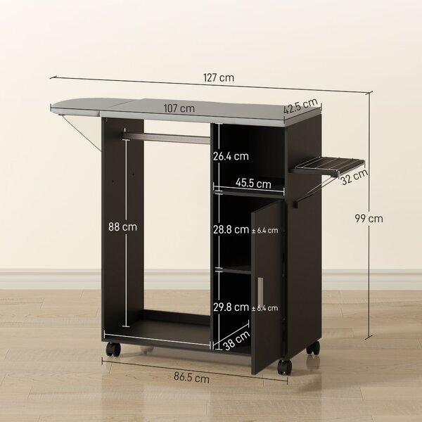 HOMCOM Mobile Asse da Stiro con Piano d'Appoggio Effetto Lino, 3 Ripiani a Cubo e Guida, 127x42.5x99 cm, Nero | Aosom Italy