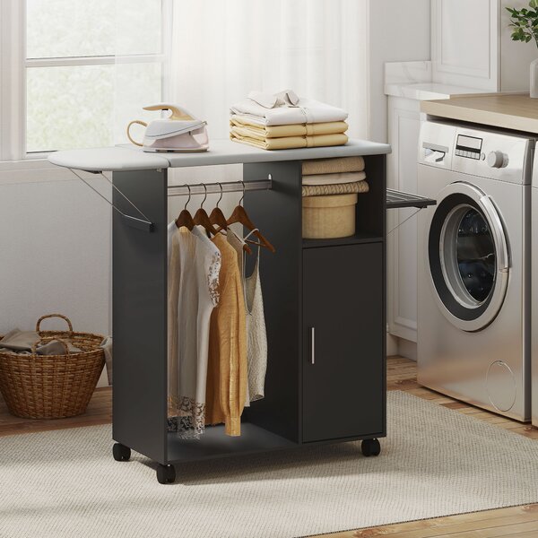HOMCOM Mobile Asse da Stiro con Piano d'Appoggio Effetto Lino, 3 Ripiani a Cubo e Guida, 127x42.5x99 cm, Nero | Aosom Italy