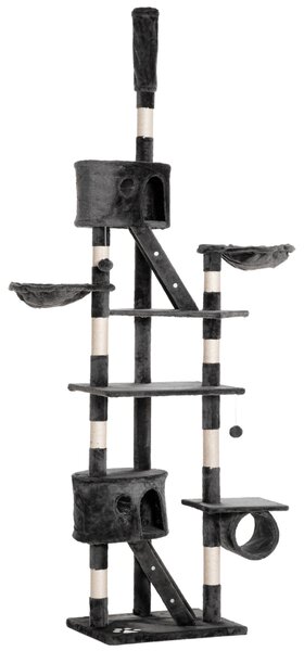 PawHut Tiragraffi per Gatti a Soffitto Multilivello con Altezza Regolabile 240-260 cm, con Cucce e Scale, Grigio | Aosom Italy