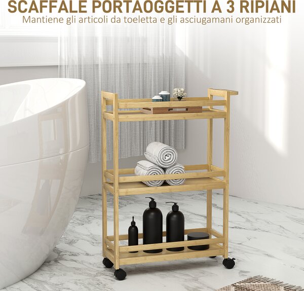 HOMCOM Carrello Portaoggetti Salvaspazio con Ruote a Freno e Maniglia, 55x20x75 cm, Naturale | Aosom Italy