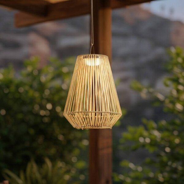 Lampada a sospensione solare LED Lindby Austas, beige, Ø 32 cm, USB, IP54 Austas Lindby, dimmerabile, Crema / Ambra, Plastica, Moderno, Lampade solari