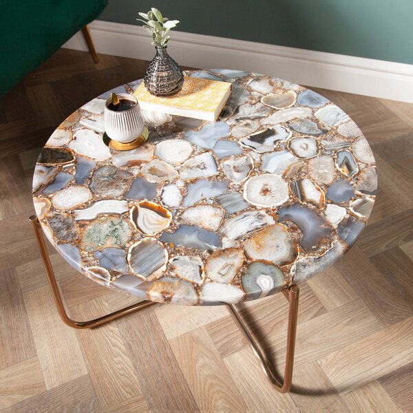 Riess-ambiente Tavolino rotondo NOBLE 65 cm in agata, piano rimovibile, struttura in metallo dorato, tavolino da salotto