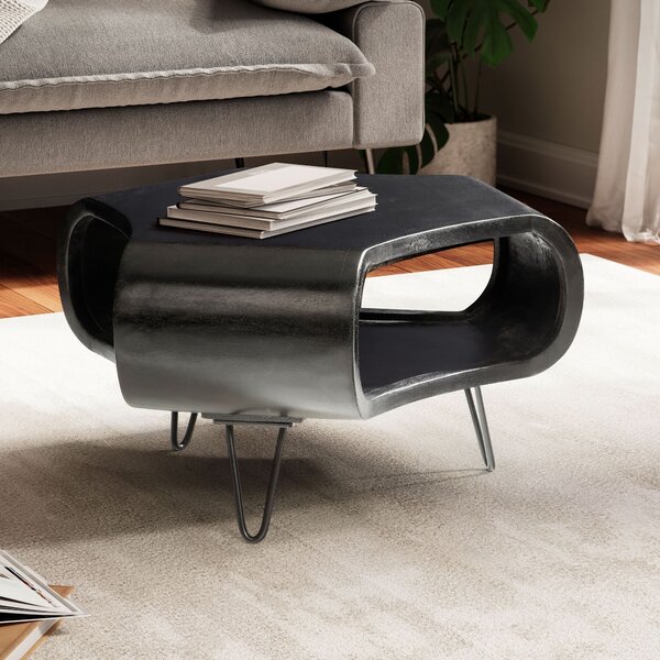 FineBuy Tavolino in legno massello di mango 60 cm nero – Tavolino da salotto con ripiano e gambe in metallo | Tavolino di design realizzato a mano | Stile retrò