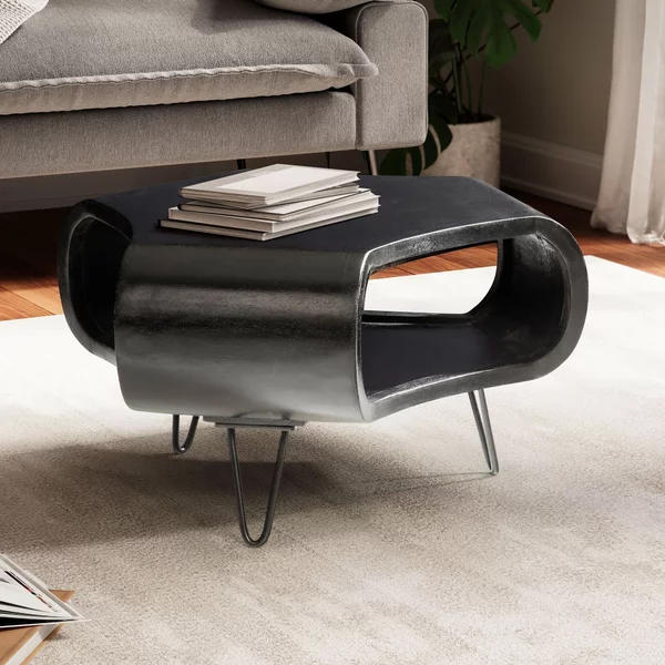 FineBuy Tavolino in legno massello di mango 60 cm nero – Tavolino da salotto con ripiano e gambe in metallo | Tavolino di design realizzato a mano | Stile retrò