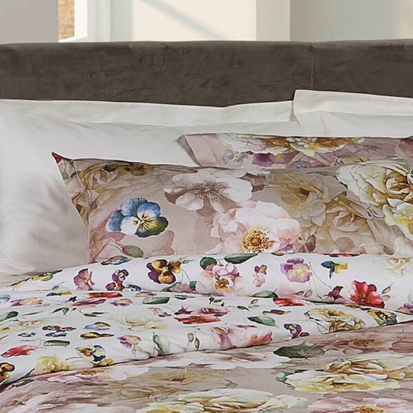 Copripiumino Con Federe In Percalle Bloom Cascade Matrimoniale - 255X255 + 2 Federe50X80 Emporium Floreale Beige Caleffi