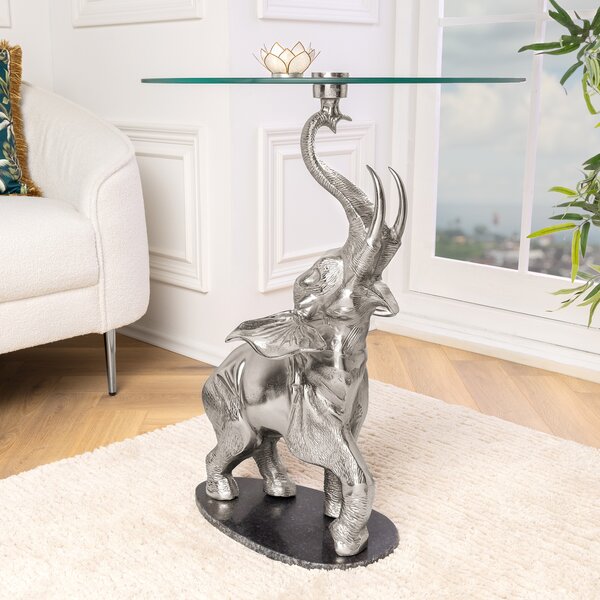 Riess-ambiente Tavolino rotondo ELEPHANT 80 cm argento metallo vetro marmo scultura tavolino da salotto