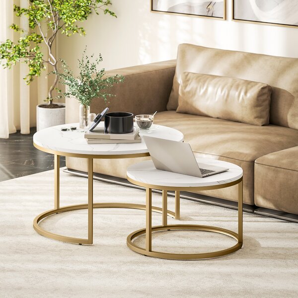 HOMCOM Set di 2 tavolini da salotto ad incastro design industriale con piano effetto cemento e piedi in metallo bianco | Aosom Italy