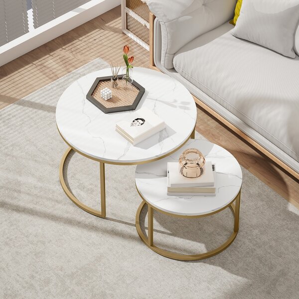 HOMCOM Set di 2 tavolini da salotto ad incastro design industriale con piano effetto cemento e piedi in metallo bianco | Aosom Italy