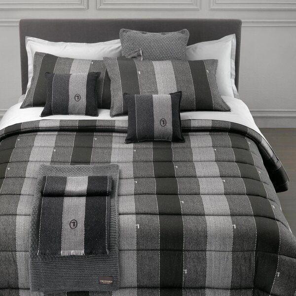 Completo Copripiumino In Raso Di Cotone New-tweed Matrimoniale - 255X255 175X205 + 2 Federe 50X80 Trussardi Geometrico Grigio Caleffi
