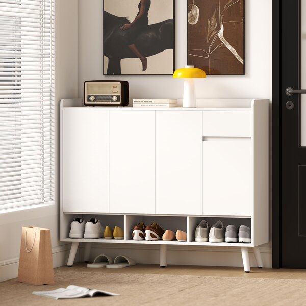 HOMCOM Scarpiera dal design senza maniglie, con 4 ante, 4 ripiani regolabili e gambe in legno, Bianco | Aosom Italy