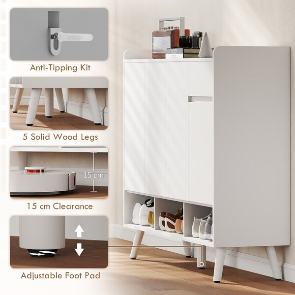 HOMCOM Scarpiera dal design senza maniglie, con 4 ante, 4 ripiani regolabili e gambe in legno, Bianco | Aosom Italy