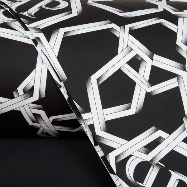 Completo Lenzuola In Raso Di Cotone Chains Matrimoniale - 250X290 175X205 + 2 Federe 50X80 Premoli Di Bella Moderno Black Caleffi