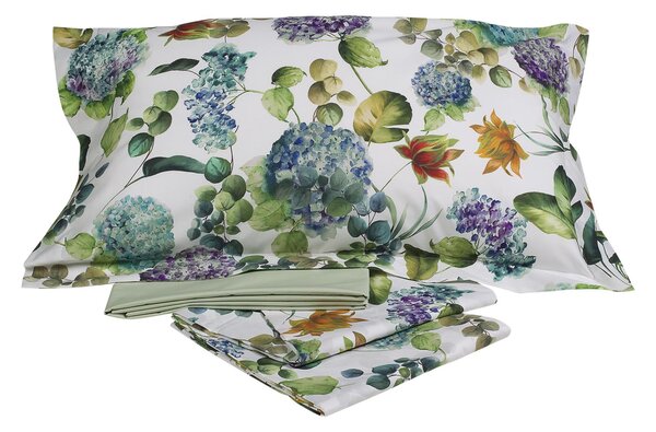 Completo Lenzuola In Percalle Hydrangea-jungle Matrimoniale - 250X290 175X205 + 2 Federe 50X80 Emporium Floreale Verde Caleffi
