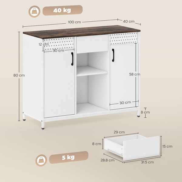 HOMCOM Credenza per Soggiorno con 2 Ante Forate Cassetto Scomparti Aperti Ripiani Regolabili 100x40x80 cm Bianco | Aosom Italy