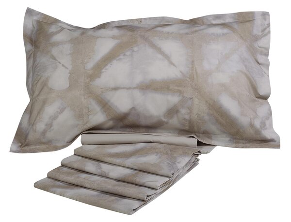 Completo Lenzuola In Percalle Shibori Singolo - 160X290 90X205 + 1 Federa 50X80 Emporium Geometrico Sabbia Caleffi