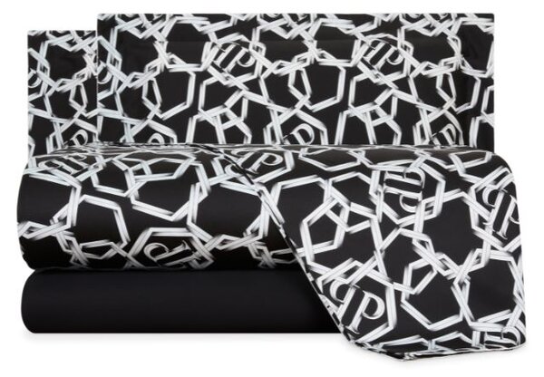 Completo Lenzuola In Raso Di Cotone Chains Matrimoniale - 250X290 175X205 + 2 Federe 50X80 Premoli Di Bella Moderno Black Caleffi