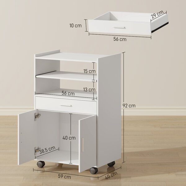 HOMCOM Mobile portamicroonde, con ripiano, armadietto a due ante, cassetto, ruote, Bianco | Aosom Italy