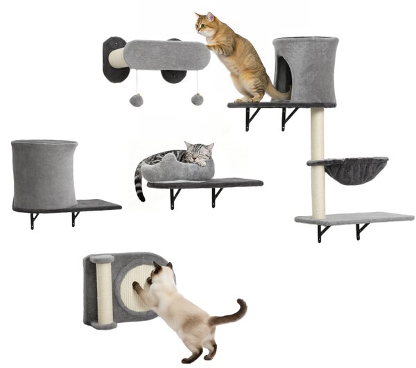 PawHut Mensole da parete per gatti, 5 pezzi, 2 nicchie, amaca e piattaforme tiragraffi in sisal, Grigio | Aosom Italy