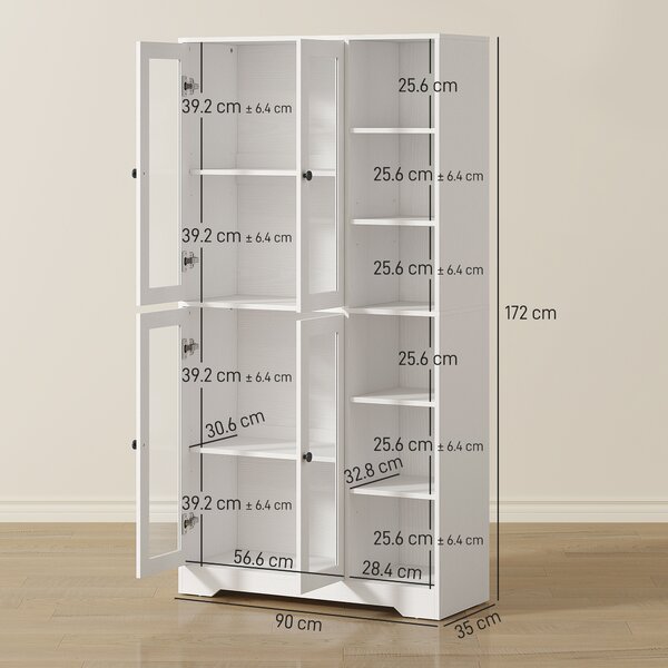 HOMCOM Credenza Cucina Alta, Mobile Dispensa con 4 Ante in Vetro Soft-Close, 6 Ripiani Aperti, Ripiani Regolabili Bianco | Aosom Italy